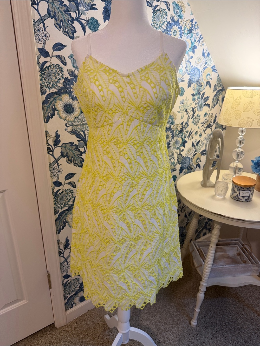 crown & ivy Neon Yellow Lace Slip Mini Dress